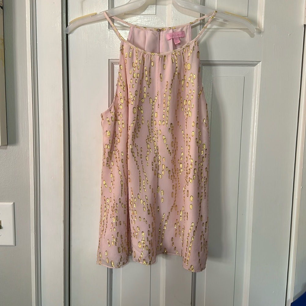 Lilly Pulitzer Pink & Gold Crinkle Clip Dot Silk Jacquard Tank Top large